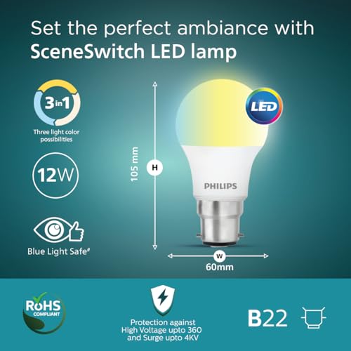 Image of Philips SceneSwitch 12W LED Bulb | 3-in-1 Light Modes CDL-NW-WW | B22 Base | Change Brightness with Wall Switch | Energy Efficient | Pack of 4