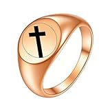 PAMTIER Mujer Acero Inoxidable Oval Anillo 12mm Anillos Sello con Redondo Cruz Patrón Anillo Statement Oro Rosa Talla 25