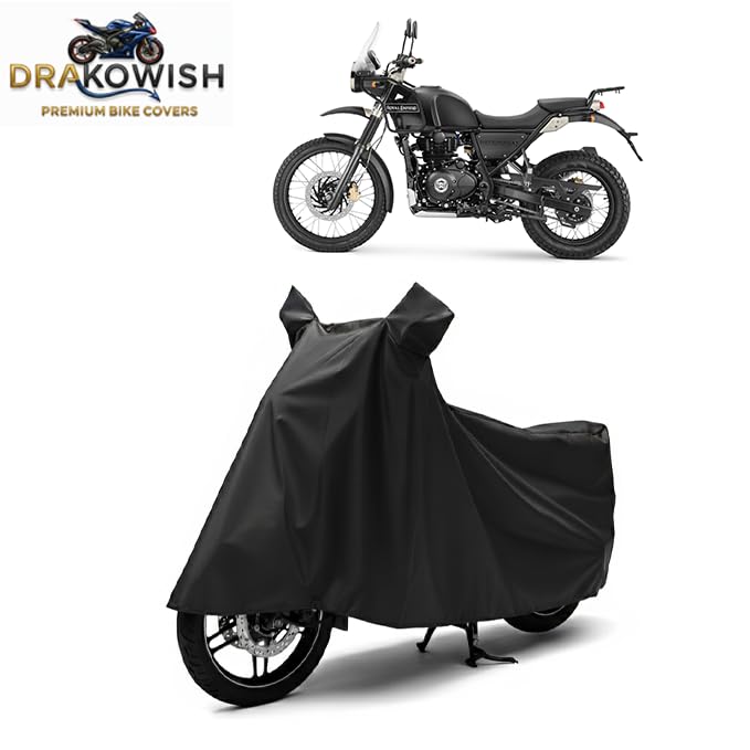 Image of DRAKOWISH Waterproof Bike Cover for Royal Enfield Himalayan All Weather Protection from Rain, Dust, UV Rays & Scratches with Mirror Pockets & Buckle Belt