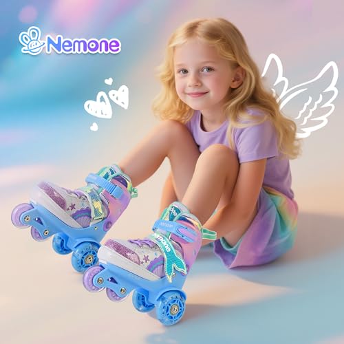 Image of NEMONE Mermaid 4 Size Adjustable Light up Roller Skates for Girls, Blue Purple Skates for Toddlers, Beginner Kids Roller Skates Indoor Outdoor (Blue XS)