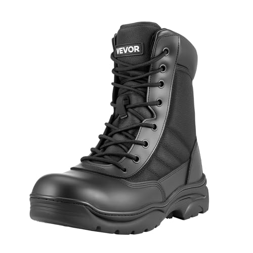 VEVOR Botas Tácticas Militares Hombre, 203 mm, Ligeras y Transpirables, Cremallera Lateral, para Motociclistas, Montañismo y Seguridad al Aire Libre, Talla 11 EE. UU., Negro, 315 x 109 x 243 mm