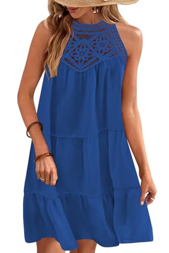 Image of Wkior Womens Summer Dresses 2025 Casual Halter Sleeveless Flowy Mini Dress Tiered Pleated Beach Sundress