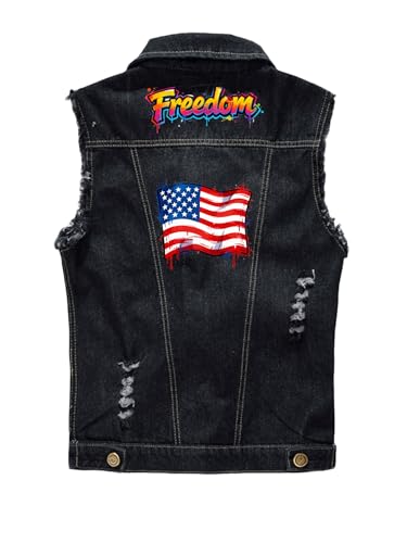 Image of Idopy Men`s American Flag Retro Ripped Denim Jeans Vest Sleeveless Jacket