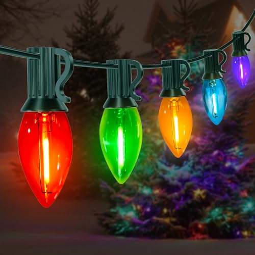 Image of 25FT C7 LED Christmas Lights Indoor Outdoor, 25 Multicolor Waterproof Bulbs, Connectable Dimmable String Lights Perfect for Roof Tree Fence and Patio Vintage Style