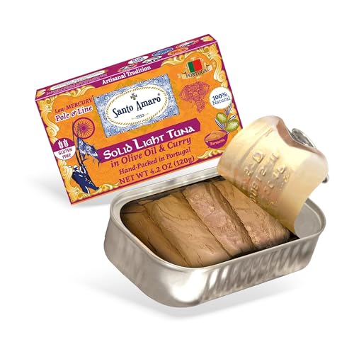 Image of Santo Amaro - Artisanal Wild Tuna Fillets in Olive Oil & Turmeric Curry, Pole and Line Caught from Portugal, Hand-Packed Goa-Style Natural Canned Tuna, 22g Protein, Keto, 124 Cal, Low Mercury, Pack of 3