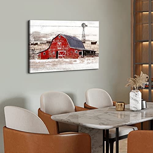 Farmhouse Red Barn Canvas Wall Art Old Windmill Landscape Country Kitchen Wall Decor 24X36" Rustic Yak Wood Background Print Picture Painting For Bathroom Living Room Bedroom Home Artwork Decoration #TOP4