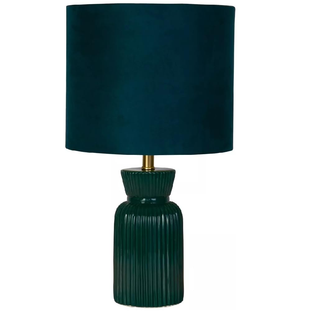 Britalia Green Vintage Table Lamp, Ceramic, Emerald Ribbed Pattern, Velvet Drum Shade, Ses E14, 38Cm