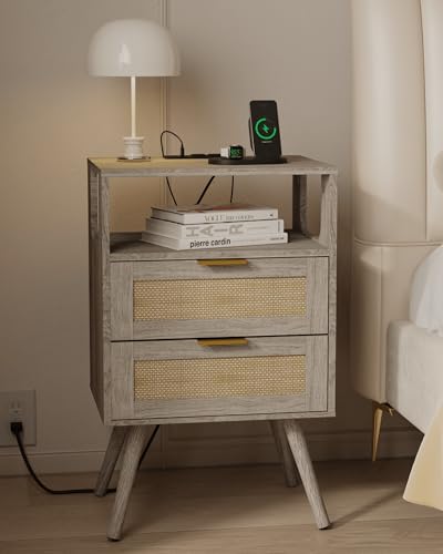 Image of JOONEE Rattan Nightstand with Charging Station,Farmhouse Bedside Table with 2 Storage Drawer and Open Wood Shelf, for Bedroom and Small Spaces,Night Stand with Solid Wood Legs (Grey Oak-Outlet)