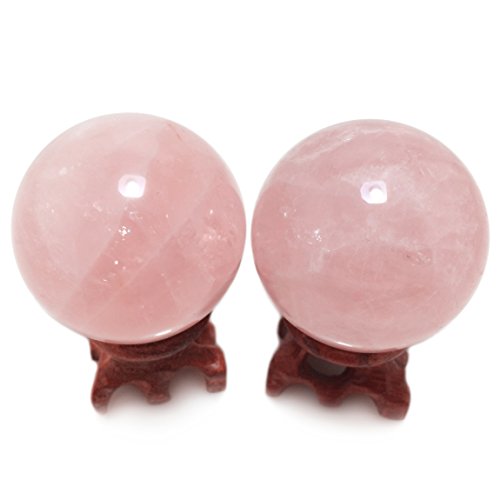 Polar Jade Set Of 2 Rose Quartz Crystal Balls With Stands, 45Mm / 1.8 Inch Diameter, For Scrying, Decoration, Healing, Meditation, Feng Shui, Hand-Made #TOP3
