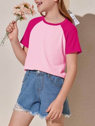 Image of Imily Bela Kids Girls T Shirts Casual Raglan Short Sleeve Crewneck Color Block Summer Tees 5-14 Years