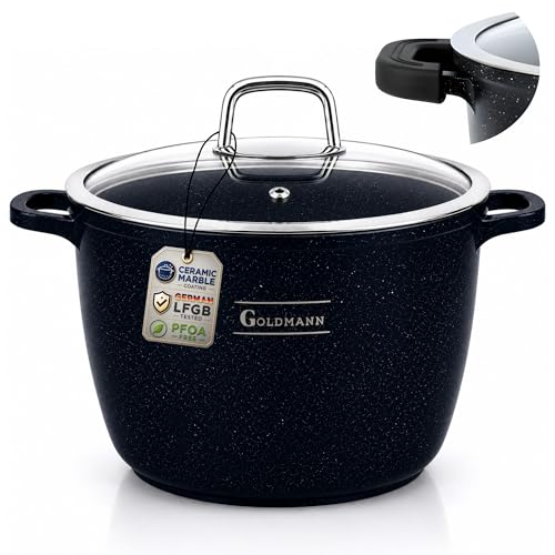 GOLDMANN Casserole/Marmite Aluminium, 24 cm, 6.2 L, revêtement antiadhésif en céramique effet marbre, couvercle en verre, compatible induction et tous feux, passe au four et sans PFOA