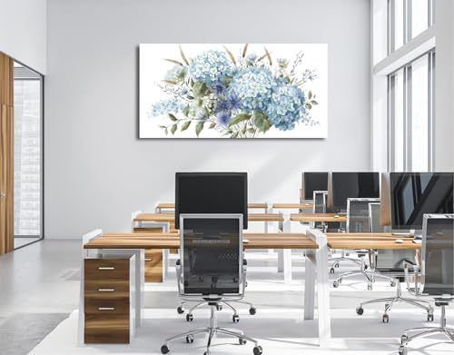 Image of VEAEE Flowers Canvas Wall Art - Blue Floral Canvas Pictures, Living Room Wall Decor, Blue Hydrangea Botanical Canvas Prints Painting Abstract Artwork Bedroom Office Kitchen Home Decoration 29 inchx 58 inch