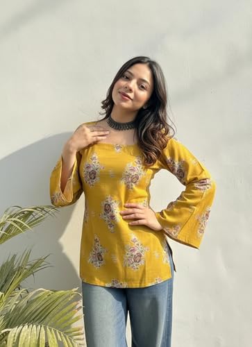 Image of ANNI Designer Women's Viscose Blend Printed Short Kurti | Straight Fit Ethnic Top with Square Neck | Bell Sleeve Indian Kurta for Office College, Party