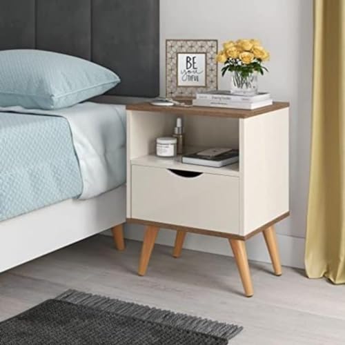 Mesa De Cabeceira 1 mesa Estilo Retrô Pés Em Madeira Maciça Grécia Off/Canela