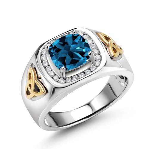 Gem Stone King Two-Tone Cushion Cut Ring for Men | London Blue Topaz | 10