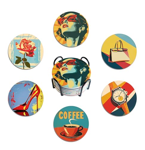 Celercrownv 1950's American Art Retro Coasters Set of 6 with Cork Base and Holder - Cute Absorbent Round Ceramic Aesthetic Drink Coasters Set for Table Decor, Housewarming Gift for Room Bar Decor