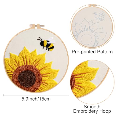 Image of Nuberlic Sunflower Embroidery Kit 3 Pack Embroidery Kits for Adults Beginners Starter Cross Stitch Kit Set with Sunflower Floral Designs - Perfect DIY Gift