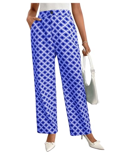 MakeMeChic Women's Geo Pattern High Waist Trousers Straight Leg Office Dress Pants