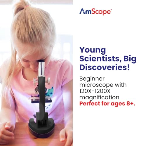 Image of AmScope M30 Series 52-Piece STEM Microscope Kit for Kids - Monocular, Portable Compound Microscope for Kids - Includes Petri Dish, Slides & More - Black