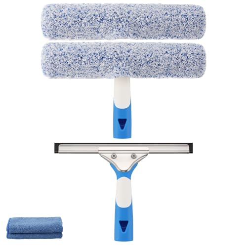 Mitclear Fensterreiniger Set(25cm), Silikon-Fensterabzieher + Mikrofaser-Fensterwischer, 2-in-1 Fensterputzer, Professionelles Fensterreinigungsset für Bad, Dusche, Fenster, Glas, Spiegel, Auto