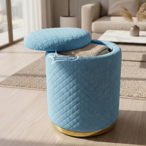 Image of Premium Round Storage Ottoman Stool 13 X 13X 16 inch, with Gold Metal Base | Luxury Pouffe with Hidden Storage | Cushioned Footrest for Living Room, Bedroom & Lounge Sky Blue