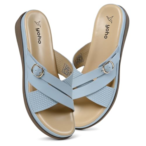 Image of YOHO Evergreen Slides Cross Strap Sandals for Women | Stylish, Comfortable Orthopedic & Anti Skid | Office, Summer, Beach, Casual Wear Flats for Ladies /Girls