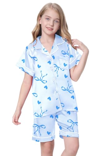 Image of Schbbbta Girls Womens Pajamas, Satin Silky Pjs Set Kids 2Pcs Button-Down Nightwear Sleepwear Gift for Mommy and me