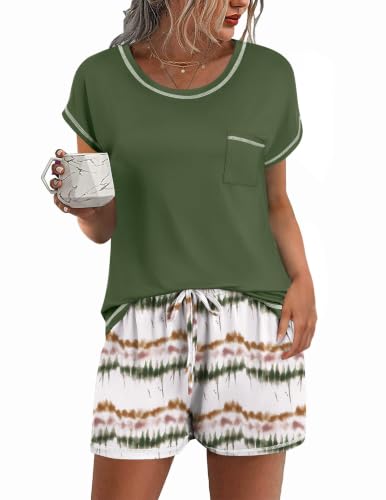 Image of Ekouaer Womens Pajama Sets 2 Piece Soft Short Sleeve Top and Shorts Sleepwear Round Neck Pjs Lounge Set with Pockets