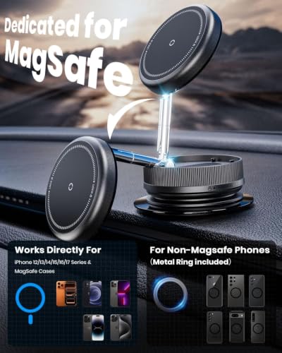 Image of 2026 Upgraded 360 Vacuum Magnetic Car Phone Holder for Magsafe [96+LBS Strongest Suction & 2800gf Strongest Magnetic], Adjustable Car Phone Mount for Your Car /Gym /Mirror /Shower for iPhone & Android