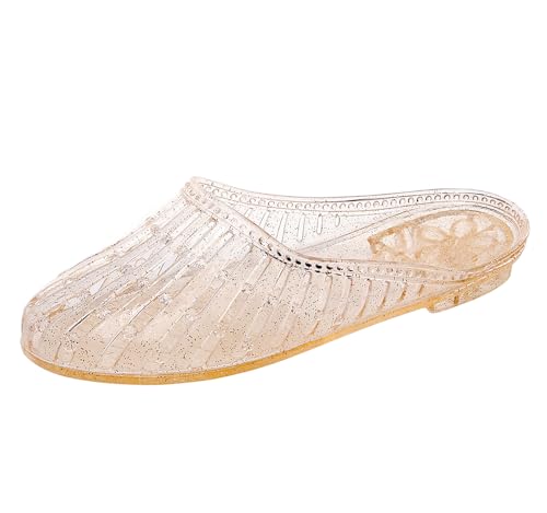 OMGard Womens Jelly Shoes Shower Slippers Jellies Sandals Glitter Clear Flats for Women Size 7 Gold Pool Slides Slip On Summer Beach Quick Drying Soft