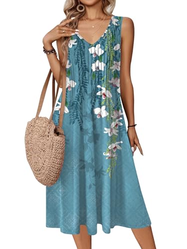 Image of Zeagoo Women Summer Casual Dresses 2026 Sleeveless Midi Pleated Tank Sundress with Pockets V Neck A Line Swing Tshirt Dress