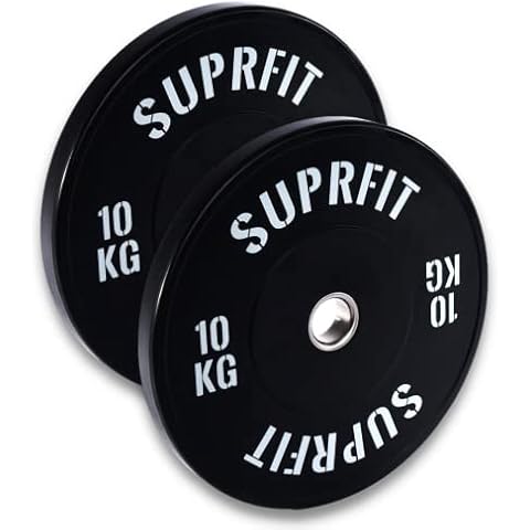 Suprfit Econ Bumper Plate White Logo, Shock-Absorbing Solid Rubber Weight Plate 05-25 kg, IWF Standard 50.4 mm Stainless Steel Mounting Diameter 450 mm, Black (2 x 10 kg) Cover