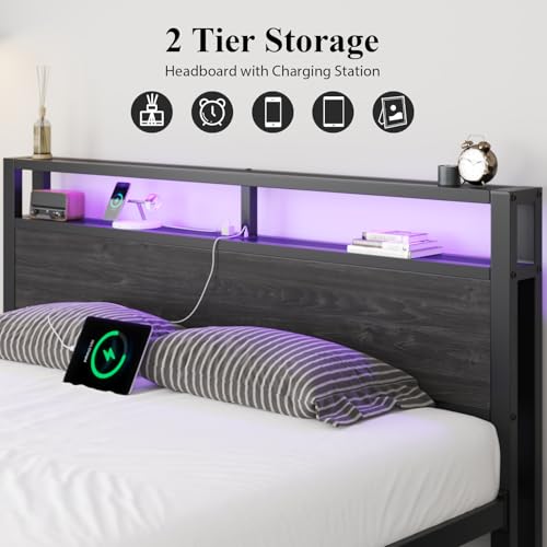 Image of LOEWAY King Size Bed Frame with Storage Headboard, Industrial Platform Bed with Charging Station and LED Lights, Heavy Duty Metal Slats, No Box Spring Need, Noise Free, Black