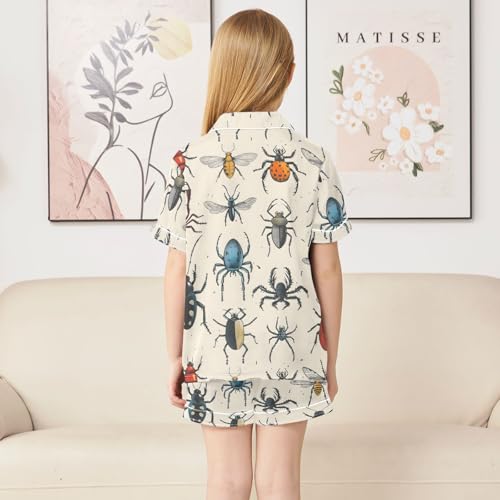 Satin Pajama Sets Short Sleeve Insects Pattern Print Cartoon Button Down Silky Nightwear 2 Piece PJS 5-14Y4