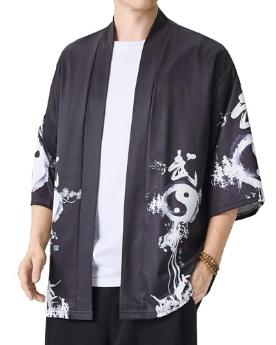 Image of Men's Japanese Kimono Robe Jacket Lightweight 3 /4 Sleeve Open Front Yukata | Silky Smooth Fashion Print Happi Coat Lightweight Breathable Loose Unisex Haori Casual Summer Cardigan Daily Beach Vacation
