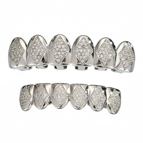 Hip Hop Silver Teeth Grills for Your Teeth Silver Plated Brass Grillz for Men Women Iced Out Zirconia Diamond Grillz for Teeth Adult Party Bling Tooth Grill Set with Case & Gel