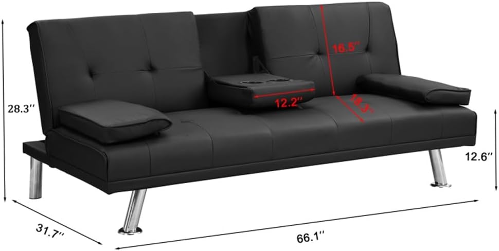 Sofa Bed with Armrest Two Holders Wood Frame, Stainless Leg, Futon Black PVC(Black)