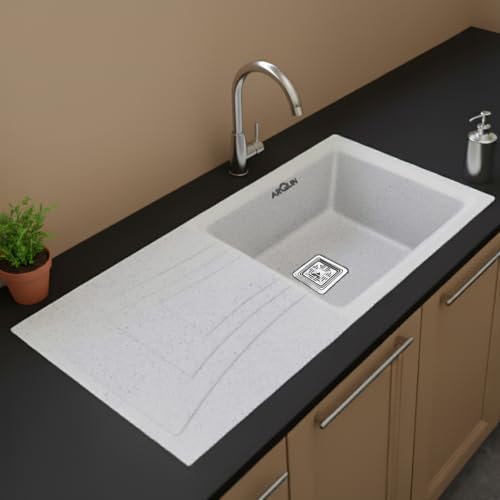 Image of ARQUIN Quartz Kitchen Sink with Drainboard 36x18x9 Inch Sand Pluto Granite sink for kitchen basin,UV Protected, Undermount /Topmount Noise Reducing