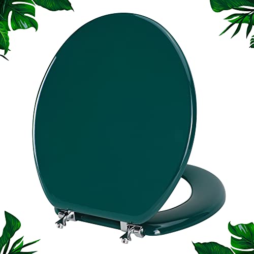 Dark Green Round Toilet Seat Natural Wood Toilet Seat with Zinc Alloy Hinges, Easy to Install also...