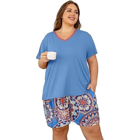 Vozanet Women's Short Sleeve Top and Shorts Pajama Sets Plus Size V Neck Colorful Flower Nighty Loungewear With TWO Pockets Size 1X to 5X, Bohemia/Blue, XX-Large Cover