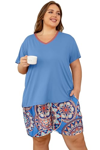 Image of Vozanet Women's Short Sleeve Top and Shorts Pajama Sets Plus Size V Neck Colorful Flower Nighty Loungewear With TWO Pockets