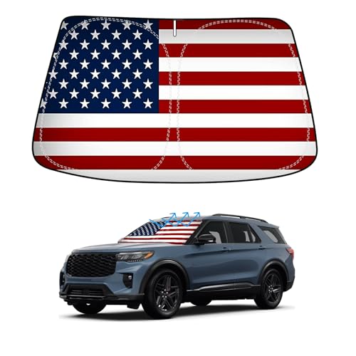 American Flag Car Windshield Sun Shade Compatible with Ford Explorer 2020-2024 2025, Foldable...