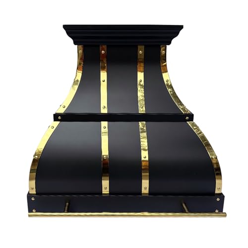 Image of SINDA Black Stainless Steel Range Hood with 4-Speed Vent Hood Insert Handmade Metal Kitchen Fan with Pot Rail LED Light 30 inchW x21 inchD x27 inchH Wall Mount
