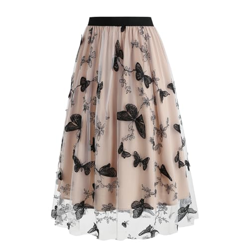 Women's Elastic High Waist Midi Mesh Skirt Butterfly Embroidery Beach A Line Princess Skirt2