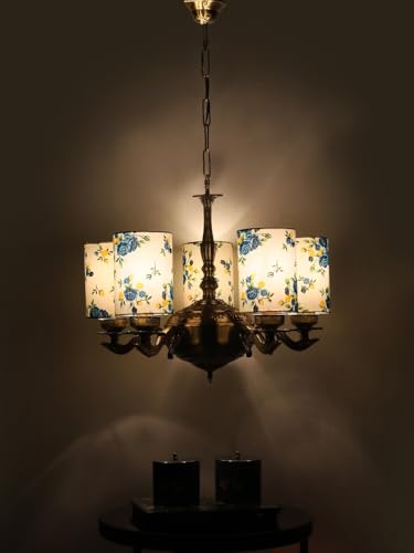 Image of Devansh 05 Lights Printed Round Cotton Shade with Antique Golden Chandelier -E