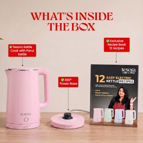 Image of Tesora by Cook with Parul Electric Kettle, 1.8L, 12 Recipes Book Included, 1500W, 100% Stainless Steel Inner Body, Auto Shut-Off, Boil-Dry & Overheat Protection, Cool Touch Double Wall (Pink)