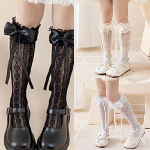 Girls Ruffle Knee Socks Bowknot Ribbon Thigh High Stockings Socks4