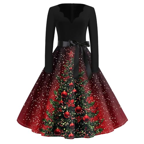 ZHENDEGL Weihnachtskleid Damen Lustig,Weihnachtskleid Damen Elegant Vintage Langarm Weihnachten Cocktailkleid Herbst V Ausschnitt Cocktailparty...