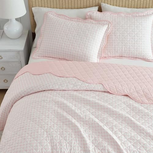 Image of Martha Stewart - King Quilt Set, 100% Soft & Breathable Bedding with a Lightweight Feel for Year Round Comfort, 3 Piece Bed Set with Matching Pillowcases (Olivia Gingham Pink)