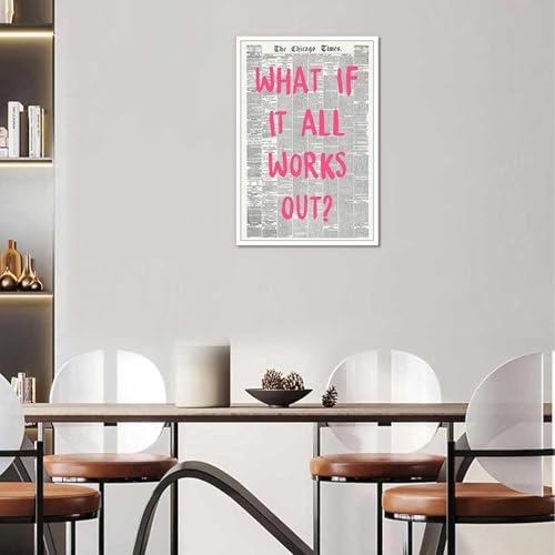 Image of Drimiler What If It All Works Out Poster Retro Newspaper Pink Font Canvas Wall Art Positive Affirming Quote Minimalist Prints Painting For Home Bedroom Dorm Wall Decor 8x12in Unframed